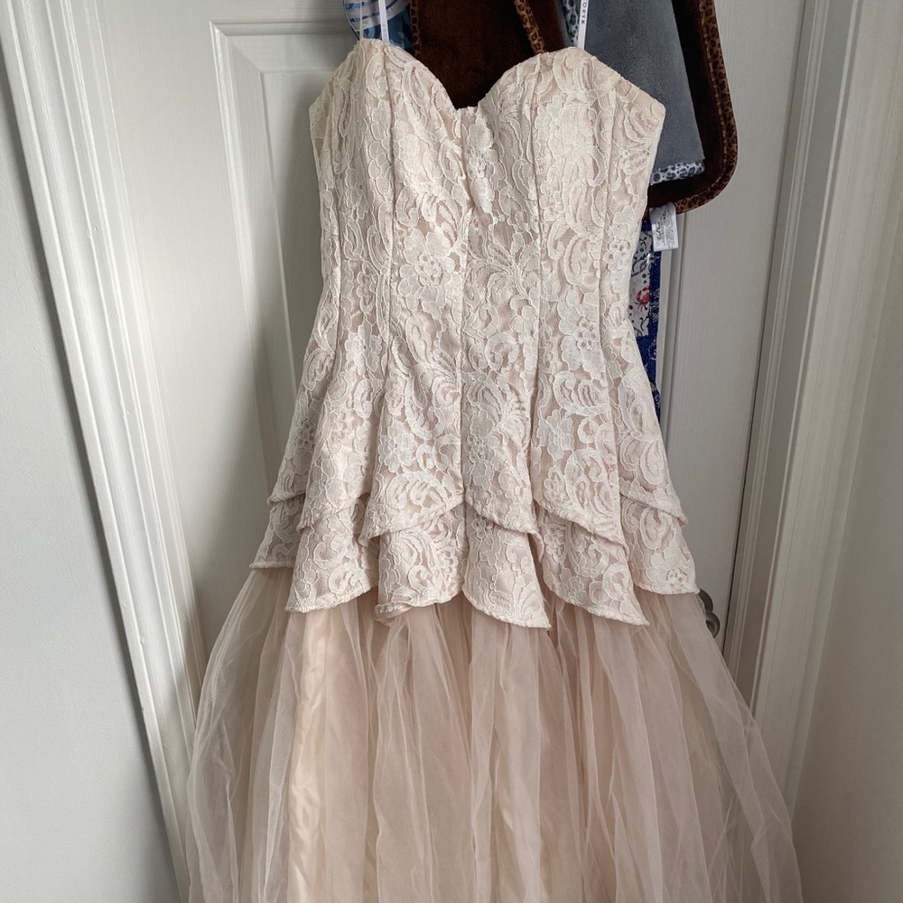 Strapless lace bodice, full long prom gown